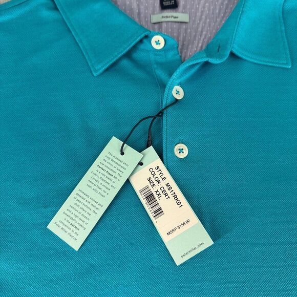 NWT Peter Millar Size 2XL Blue Polo Shirt Cotton Blend Perfect Pique Tee Men's - Picture 8 of 11